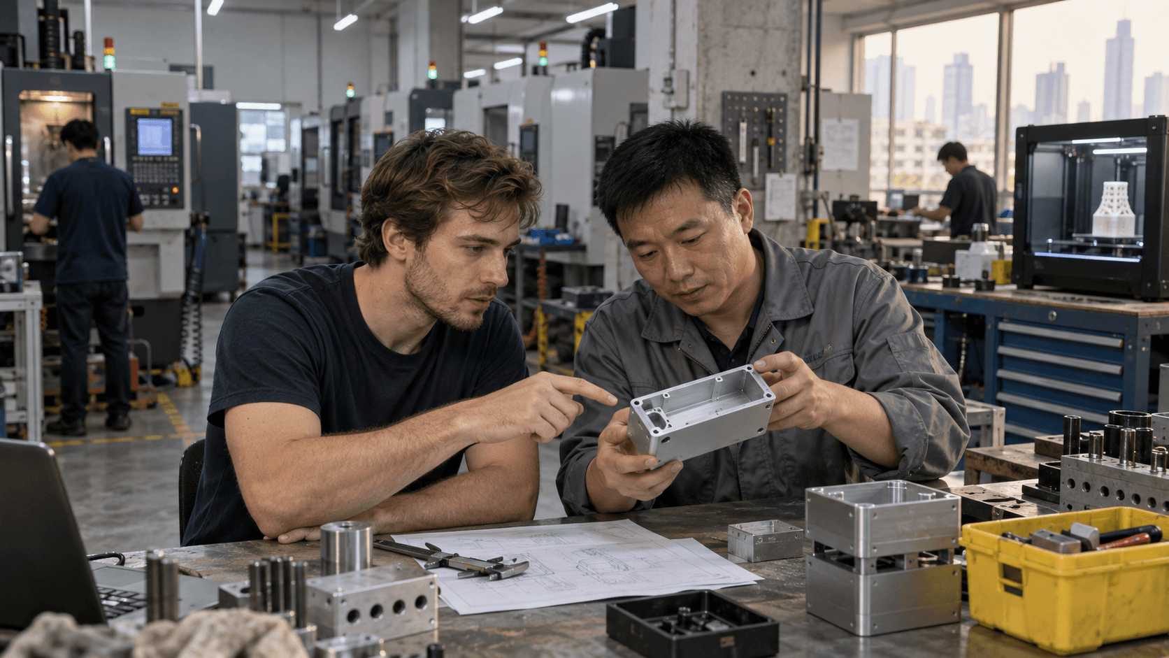 A founder and a machinist looking at a CNC-machined enclosure in a workshop